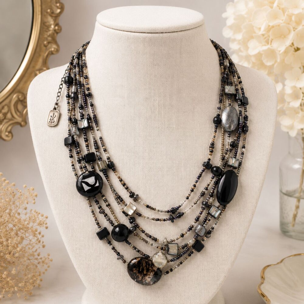 Signed You and I (Yousi) Multi Strand Black and Gold Multi Style Beaded Necklace